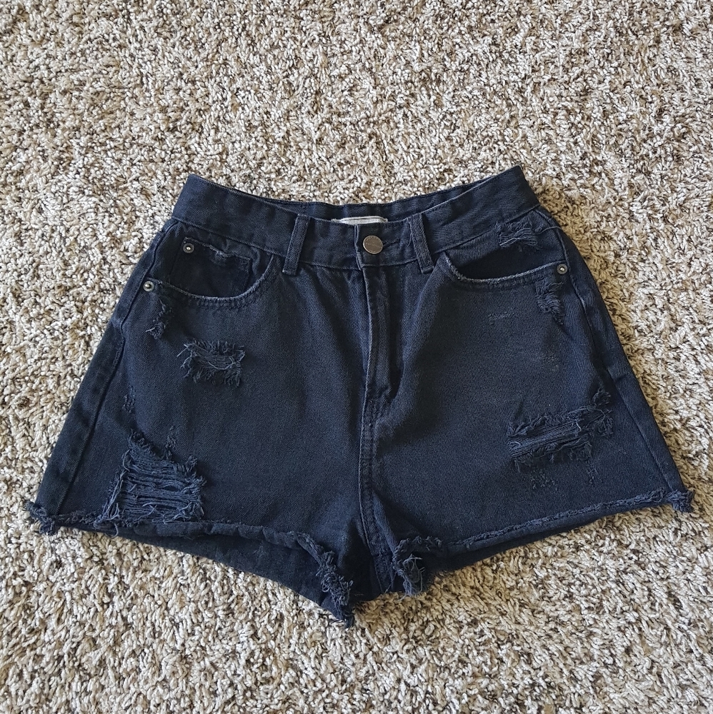 Black denim jean short destroyed with holes